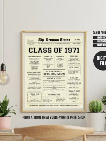 Class of 1971 NEWSPAPER Poster - 1971 Class Reunion - High School Reunion Sign - 1971 Facts for Class Reunion - INSTANT DOWNLOAD $6.50