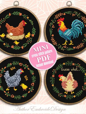 Funny chicken cross stitch pattern PDF download Set of 4 small hen cross stitch chart, Simple chicken pattern digital PDF, Rooster #K34 $11.50