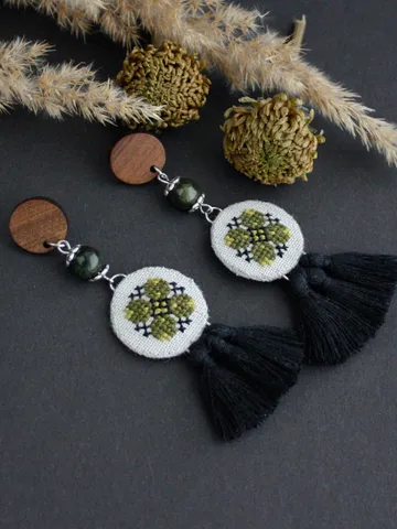 Round olive green boho earrings with tassels Large circle hippie fringe earrings with jade Handmade aesthetic Ukrainian jewelry wooden studs $39.00