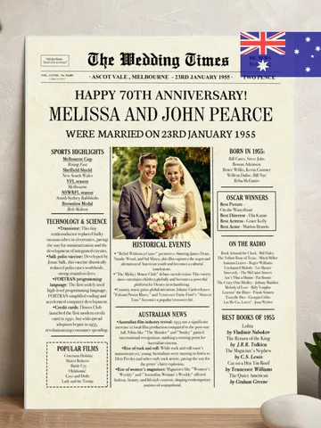 70th wedding anniversary gift for parents 1955 australian newspaper poster printable 70 years married digital card celebration sign $15.00