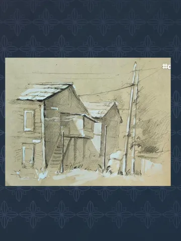 Professional original drawing with old barn