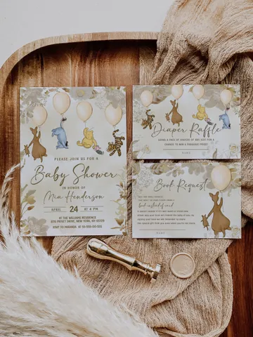 Classic Winnie Pooh Baby Shower Invitation Set; Neutral Baby Shower Template; Wizard Baby Shower Invite; Honey Bear Invite; Winnie Pooh wb12 $22.95