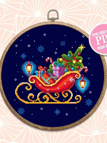 Santa sleigh with christmas tree cross stitch pattern download PDF Christmas pattern digital PDF, Christmas lanterns cross stitch chart #N13 $4.50