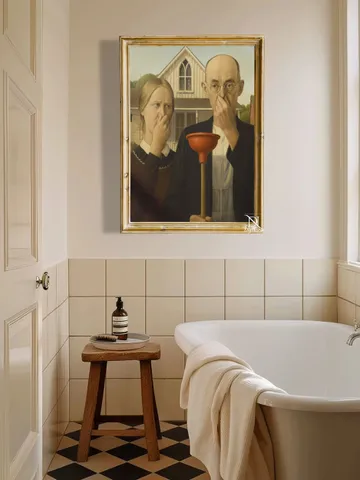 Funny American Gothic Bathroom Art Print Poster Altered Vintage Surreal Eclectic Prank Gift Maximalist Wall Decor Humor Digital Download $3.99
