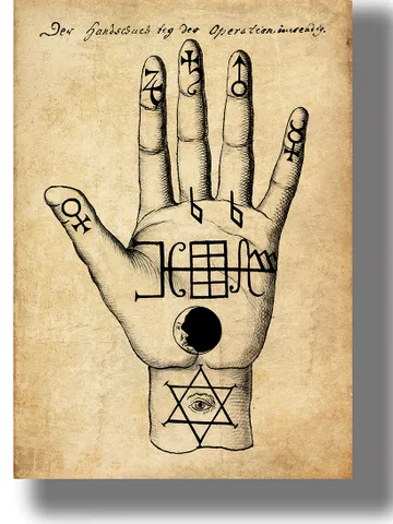 A hand covered in Kabbalistic signs and sigils from the Compendium Rarissimum. $21.00