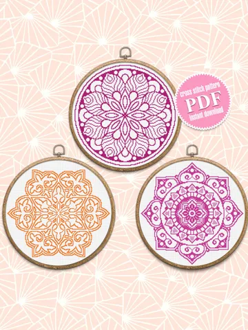 Mandala set cross stitch pattern download PDF, Monochrome mandala embroidery, Floral ornament cross stitch chart, Mandala digital PDF #S29 $11.50