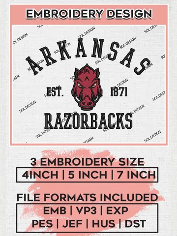Arkansas Razorbacks Est 1871 Logo Embroidery Designs, NCAA Arkansas Razorbacks Team Embroidery, NCAA Team Logo, 3 sizes, Machine embroidery Files, Digital Download $6.99