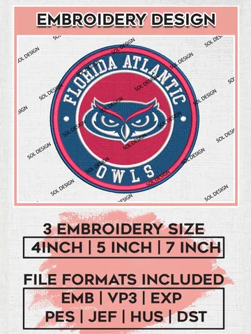 NCAA Florida Atlantic Owls Round Logo Embroidery, NCAA Florida Atlantic Owls Logo Embroidery files, NCAA Teams, Machine embroidery designs, Digital Download $6.99