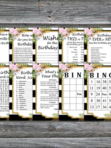Black White Striped Birthday Party Games bundle,Adult birthday games package,Printable Birthday Games,INSTANT DOWNLOAD $5.95