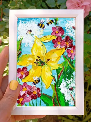 Honeybee Painting Dandelion Original Art 6x4 Floral Impasto Oil Painting Flowers Wall Art by ArtProkopaloSv $54.00