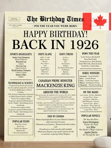 99th Birthday Newspaper Sign CANADIAN, 1926 Birthday Poster, Back in 1926 CANADA, 99th Birthday Decoration, 99th Birthday Gift $7.00
