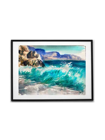 Watercolor painting landscape seascape blue wave
