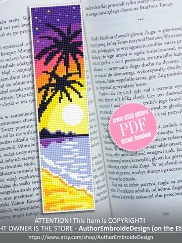 Summer bookmark cross stitch pattern PDF download Tropical beach cross stitch chart, Handmade bookmark pattern digital PDF, Palm trees #B23 $4.40