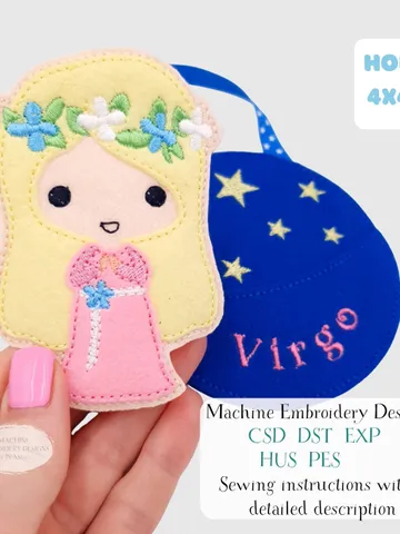 ITH Virgo Zodiac Finger Puppet & Bag Embroidery Design, Maiden Star Sign Toy, 4x4 Hoop Christmas Ornament File $6.00