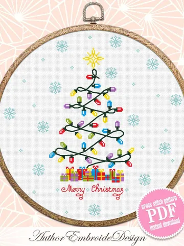 Christmas tree lights cross stitch pattern PDF download Xmas cross stitch chart, Merry Christmas pattern digital PDF, Christmas decor #N153 $4.50