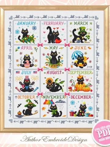 Funny cat calendar cross stitch pattern PDF download Black cat cross stitch chart, Cute cat pattern digital PDF, Cat holiday cards #K60 $14.50