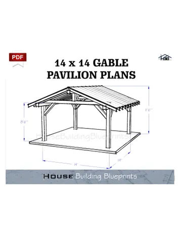 Covered 14' x 14' gable pavilion plans for DIY. Outdoor carport plans. Diy backyard wooden gazebo plans for patio in pdf $15.99