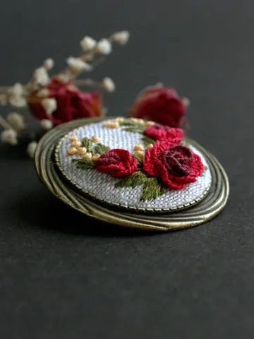 Floral ruby roses brooch Maroon Victorian cameo brooch with fllower bouquet Romantic pin for blouse Burgundy handmade jewelry
