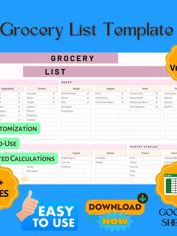Grocery List Template, Editable Google Sheets, Easy-to-Use, Digital Download for Meal Planning, Shopping, and Budgeting $5.46