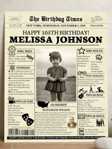 105th birthday, birthday gift for grandma or grandpa, grandma birthday gift, 105th birthday newspaper, 1919 birthday ideas, back in 1919