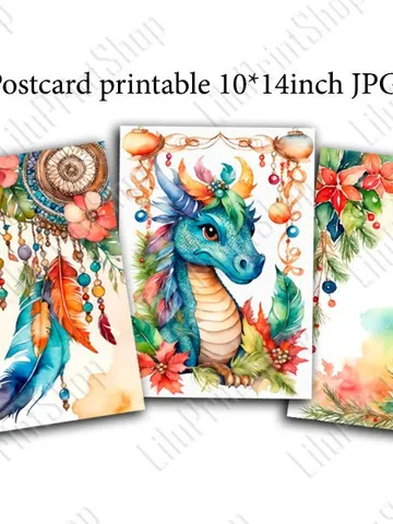 Christmas postcard printable 10*14 inch. Boho Watercolor art print with Dragon, feather, beads and Poinsettia. Digital instant download $4.06