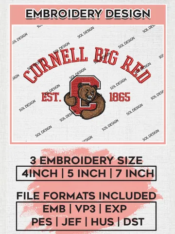 Cornell Big Red Est 1865 Embroidery Designs, NCAA Cornell Big Red Team Embroidery, NCAA Team Logo, 3 sizes, Machine embroidery Files, Digital Download $6.99