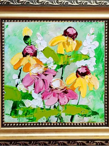 Rudbeckia painting Pink Daisies Impasto Original Painting Flowers OIl Artwork Meadow Wall Art Decor Gifts for Her by ArtProkopaloSv $40.00