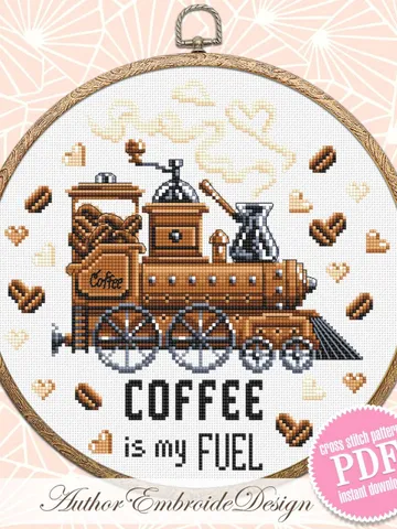 Funny Coffee quote cross stitch pattern PDF download Coffee is my fuel, Coffee Train cross stitch chart, Kitchen pattern digital PDF #Q58 $4.50