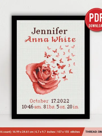 Rose Birth announcement cross stitch pattern, baby, personalized, boy girl nursery decor, counted, chart, gift DIY, embroidery, instant PDF $6.80
