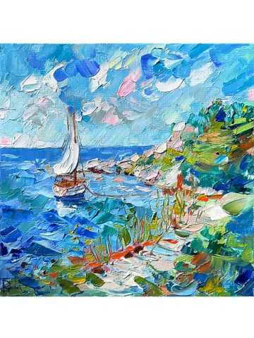 Serene Sailboats at Sunset Miniature by IrenFantasyArt Oil Painting 8x8 Inches $100.00