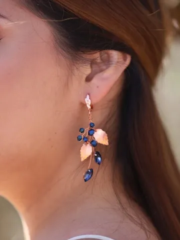 Boho Wedding Earrings, Rose Gold Blue Crystal Wedding Earrings, Leaf Flowers Chandelier Bridal Earrings, Leaf Statement Wedding Jewelry Set $94.00