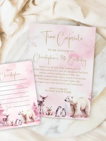 Winter Onederland Time Capsule Sign Wonderland Boy Girl First 1st Birthday Party Decor Polar Bear Arctic Animals Guestbook EDITABLE i123 $7.00