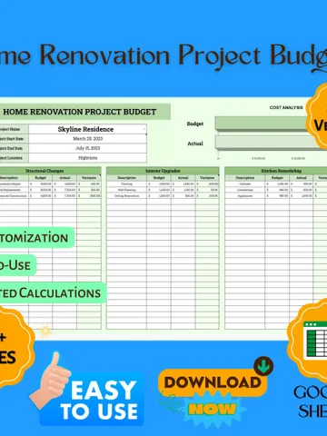 Home Renovation Project Budget Template, Remodeling Cost Planner, Home Upgrade Expense Tracker, Renovation Budget Spreadsheet $8.26