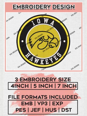 NCAA Iowa Hawkeyes Round Logo Embroidery, NCAA Iowa Hawkeyes Logo Embroidery files, NCAA Teams, Machine embroidery designs, Digital Download $6.99