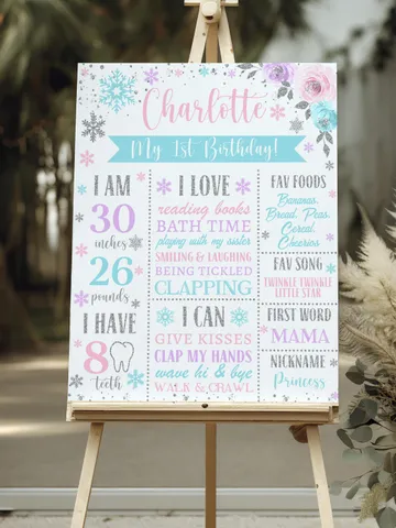 Editable Winter Onederland Birthday Girl Milestone, Winter Wonderland 1st Birthday Board, First Birthday Snowflake Editable Template i098 $11.00