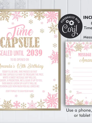 Winter Onederland Time Capsule and Matching Note Card Pink Champagne Gold Winter Onederland 1st Birthday Girl Decorations, Editable Template $7.00