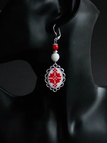 Ukrainian red coral earrings dangle Black red earrings geometric Long ethnic earrings Ukrainian jewelry gift for her