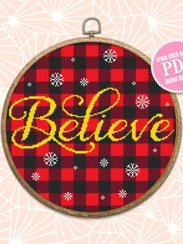 Buffalo plaid cross stitch pattern download PDF Believe Christmas cross stitch chart Merry Christmas pattern digital Holiday ornament #N34 $4.50