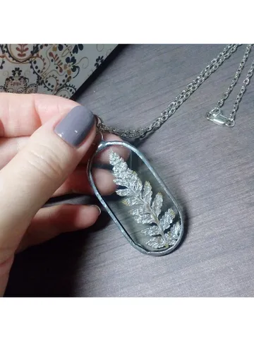 Valentine necklace, Stained glass necklace, pressed fern, Dry fern necklace, Terrarium pendaant $36.00