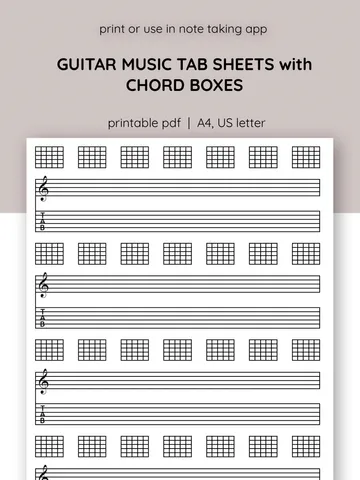 Blank printable guitar tabulature. Guitar tab and chord chart sheet Music. Blank guitar TAB sheet with chord boxes $1.00
