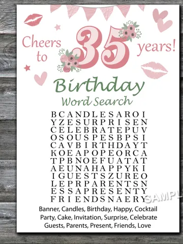 35th Birthday Word Search Game,Adult Birthday party game-fun games for her-Instant download $1.50