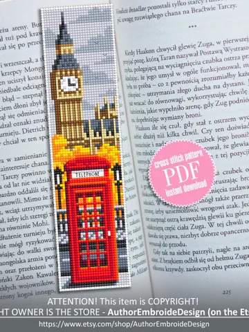 London bookmark cross stitch pattern PDF download Red telephone box cross stitch chart, Bookmark pattern digital PDF, Big Ben England #B30 $4.40