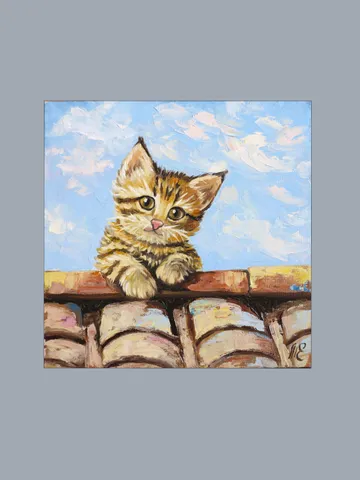 Original Oil Painting With a Kitten On The Roof Canvas Art $29.00