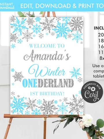 Winter Onederland Welcome Sign Blue Silver Winter Onederland 1st Birthday Boy Decorations, Snowflake Birthday Sign, Editable Template $9.00