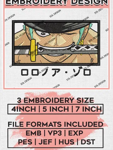 Roronoa Zoro Embroidery Designs, One Piece Anime Embroidery Files, Machine Design Pes Swoosh Roronoa Zoro Embroidery EMB_ANIME_113 $6.99