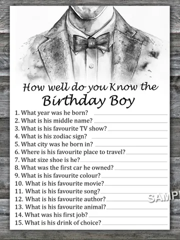 Bow Tie How well do you know the birthday boy,Birthday Games for Him, Adult Birthday Games,Printable Birthday Games $1.75