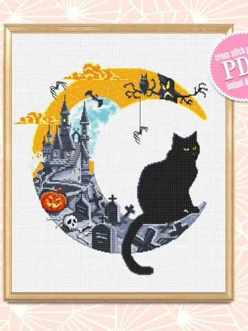 Halloween cat cross stitch pattern PDF download Crescent moon cross stitch chart, Halloween pattern digital PDF Haunted house, Black cat #H9 $5.90