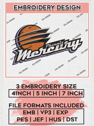 WNBA Phoenix Mercury Logo Embroidery Files, WNBA Phoenix Mercury Team Embroidery Designs, WNBA Basketball Teams, 3 sizes, Machine embroidery designs, Digital Download $6.99