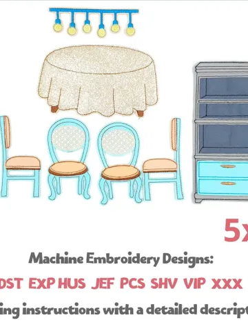 Dollhouse Dining Room Furniture ITH Embroidery Design Set, Felt Table Chair Hutch Pattern 5x7, Miniature Toy File Download $10.00