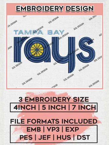 MLB Tampa Bay Rays Wordmark Logo Embroidery Files, MLB Tampa Bay Rays Team Embroidery, MLB Teams, 3 sizes, MLB Machine embroidery designs, Digital Download $6.99